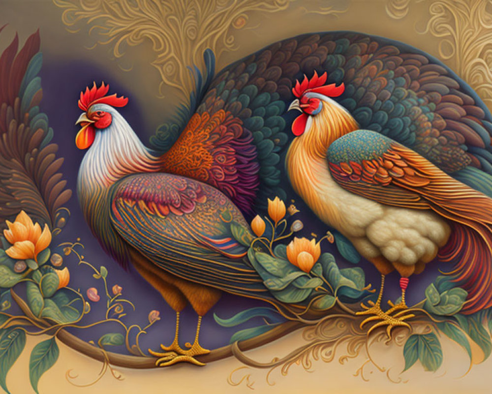 Vibrant Roosters Illustration with Elaborate Feathers and Floral Patterns