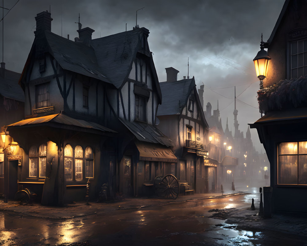 Dimly Lit Cobblestone Street with Tudor-Style Buildings at Dusk