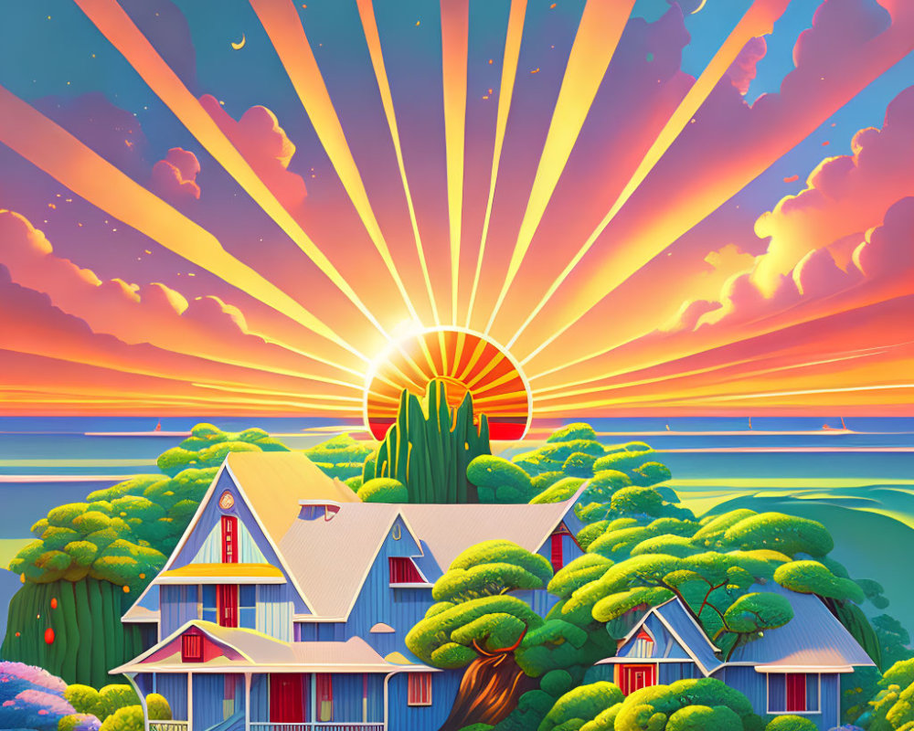 Colorful Illustration of Scenic House Surrounded by Nature and Celestial Elements