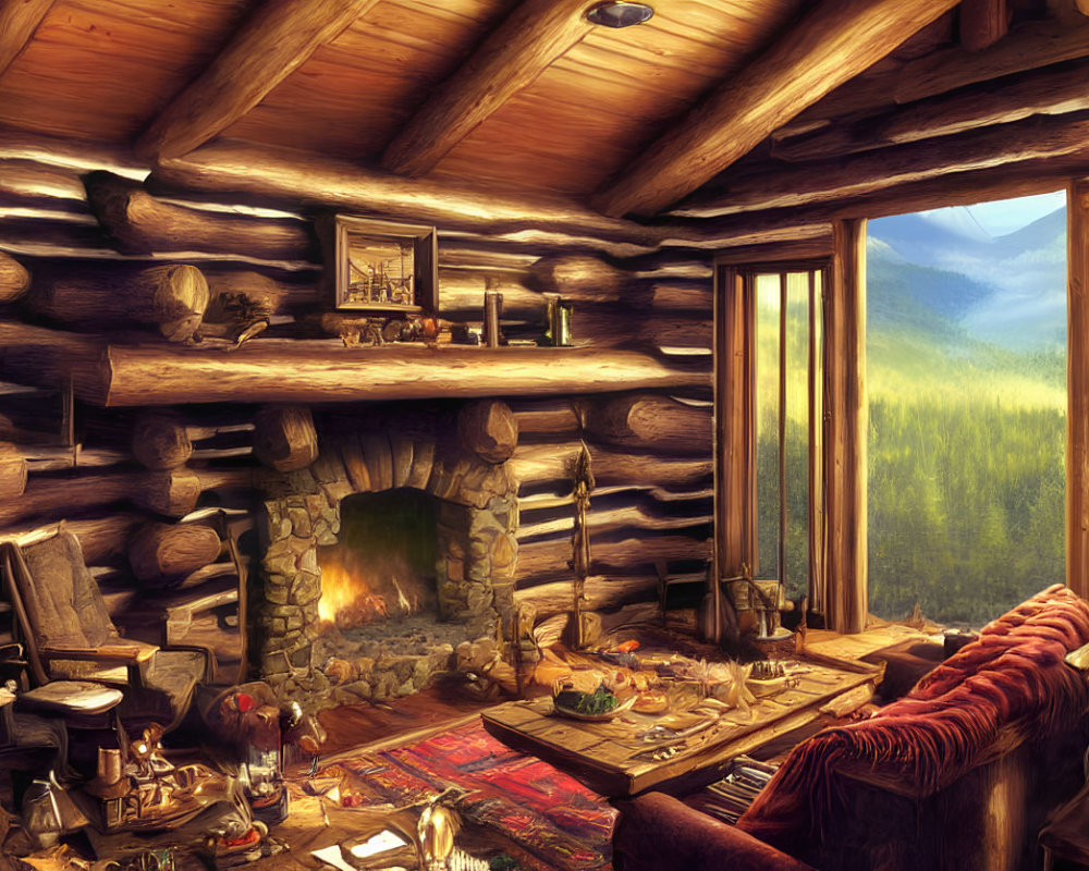 Rustic log cabin interior with fireplace, forest view, and natural light