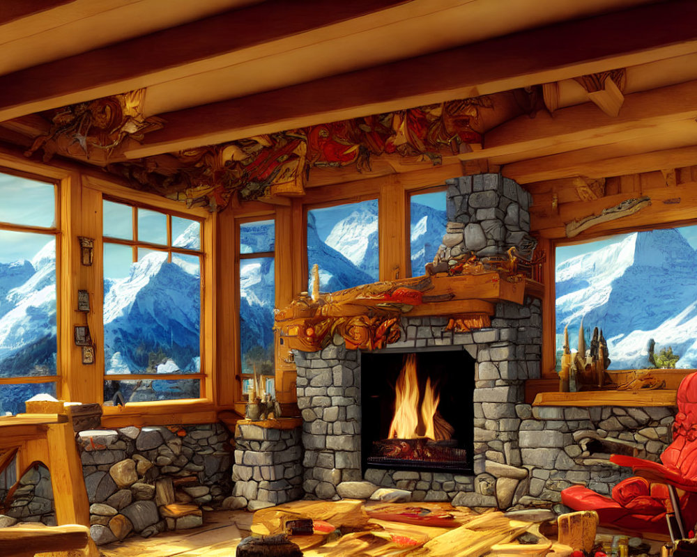 Rustic cabin interior with stone fireplace and snowy mountain view