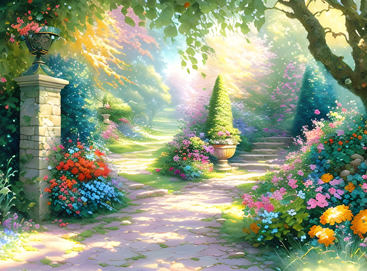 Serene garden path with colorful flowers and greenery