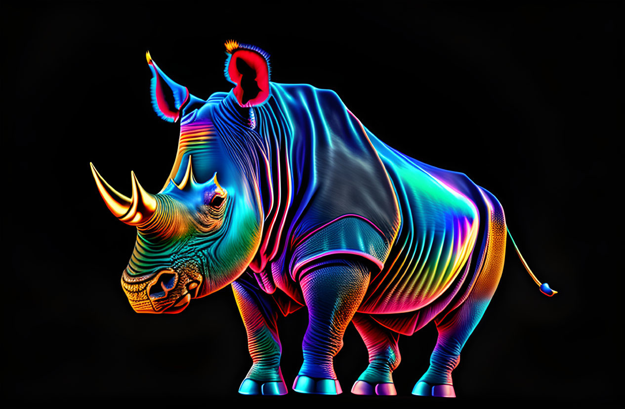 Vibrant neon rhinoceros art on black background