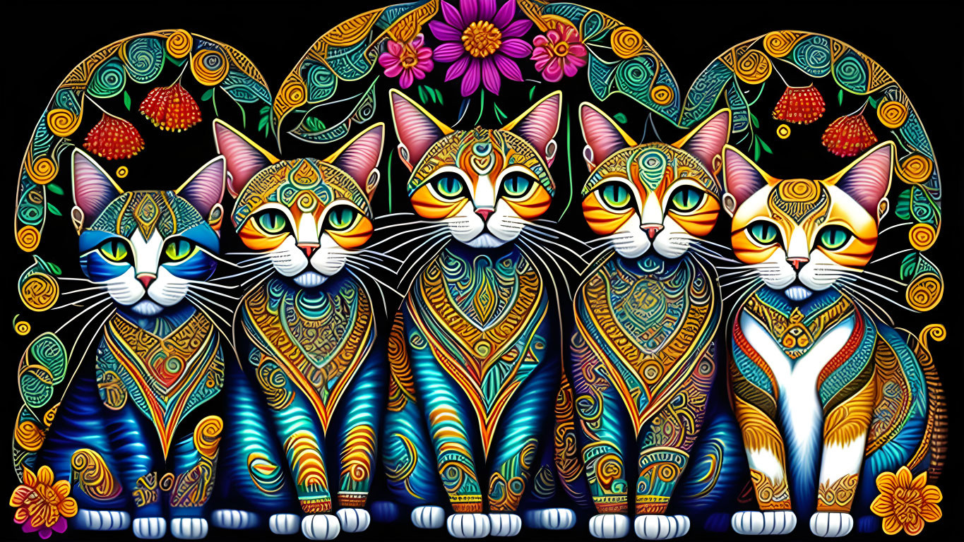 Six stylized cats with intricate patterns on black background.