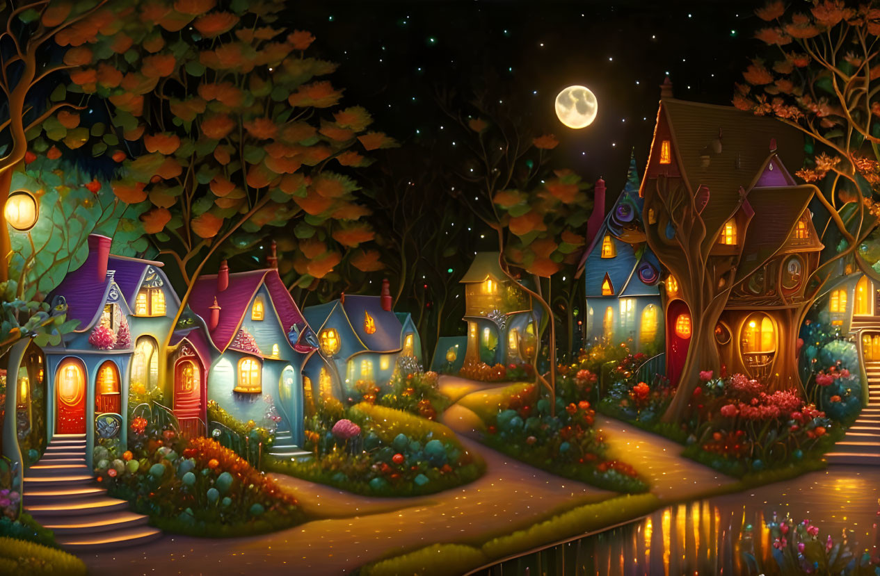 Whimsical colorful houses in serene nighttime scene