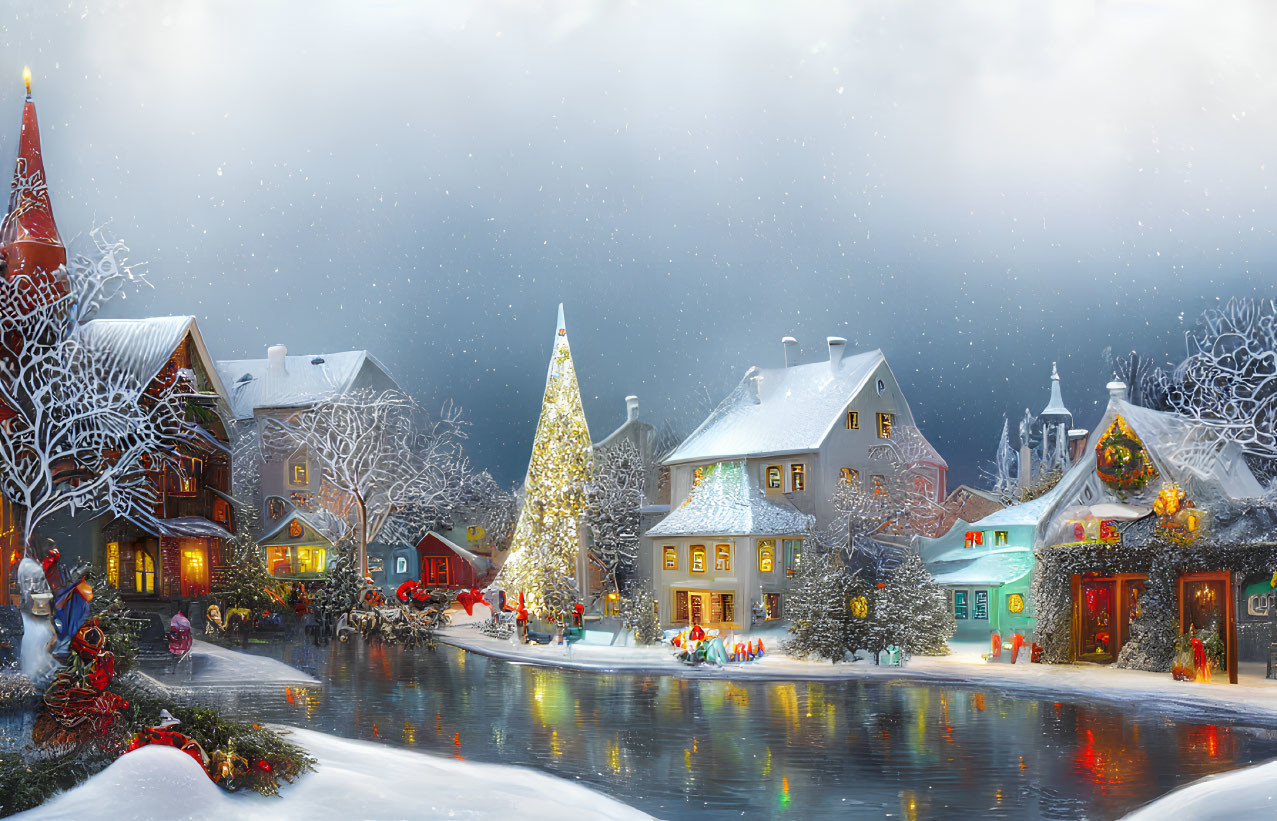 Snow-covered winter village with Christmas tree & residents in snowfall