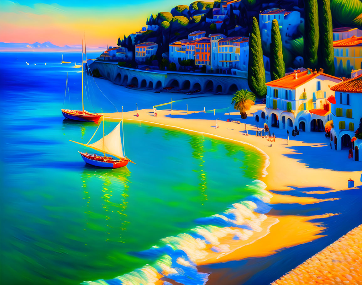 Colorful Coastal Scene with Sailboats, Beach, and People