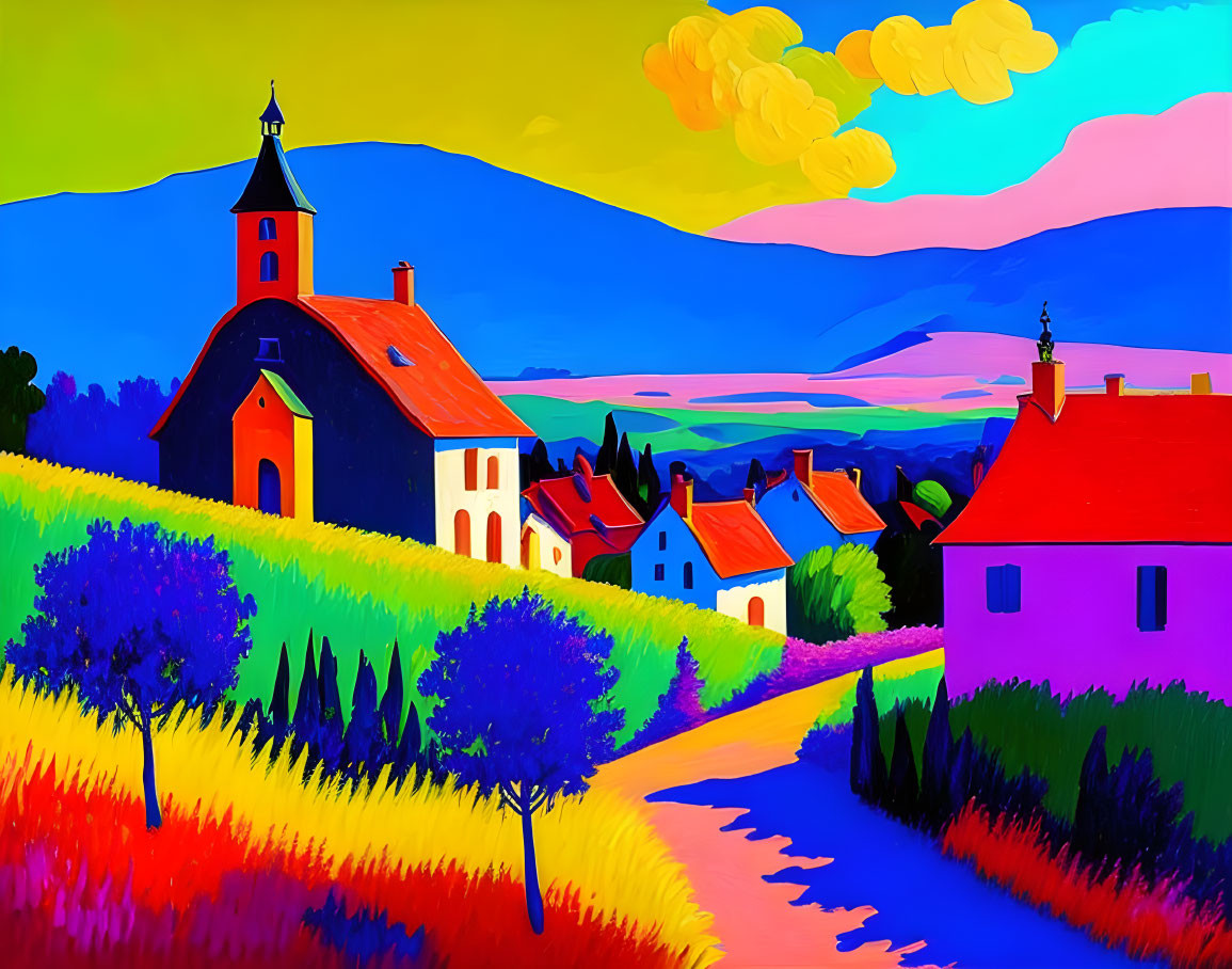 Colorful rural landscape painting with church, houses, trees, hills, and sky