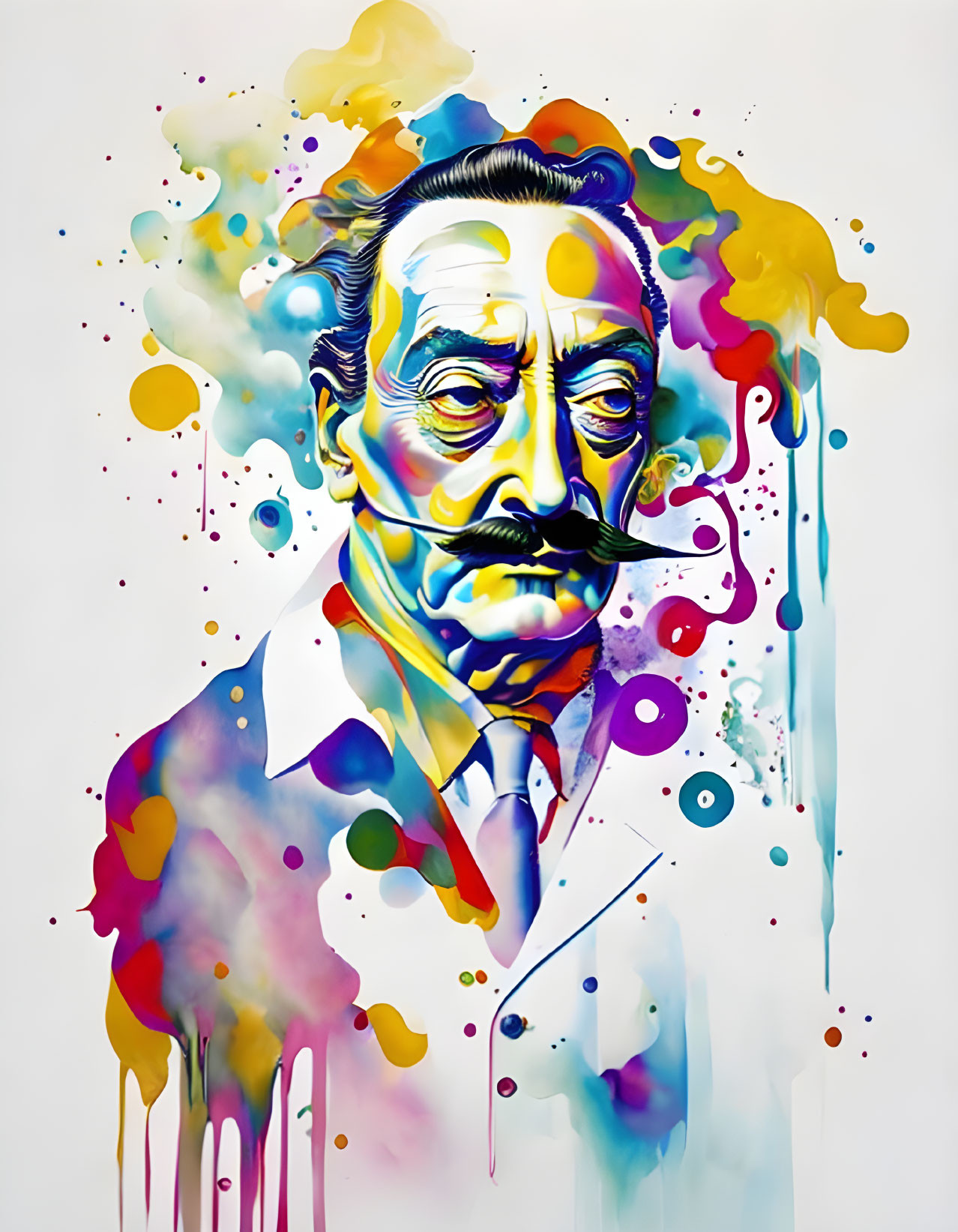 Colorful portrait of mustached man with paint splatters blending into face and suit