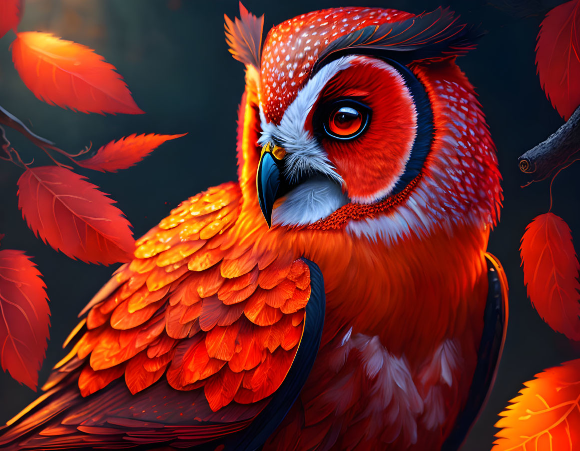 Colorful Owl Illustration Among Autumn Leaves