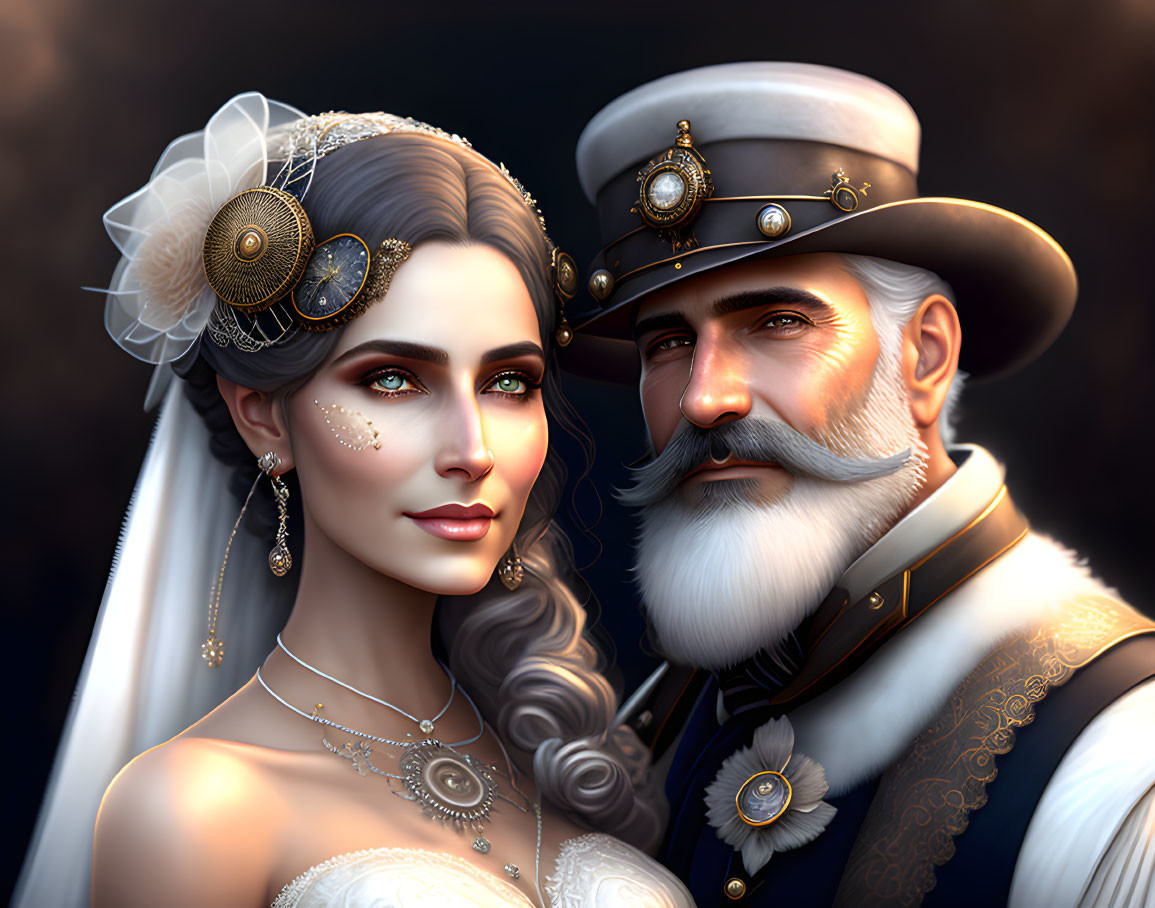 Steampunk wedding couple digital artwork with intricate details