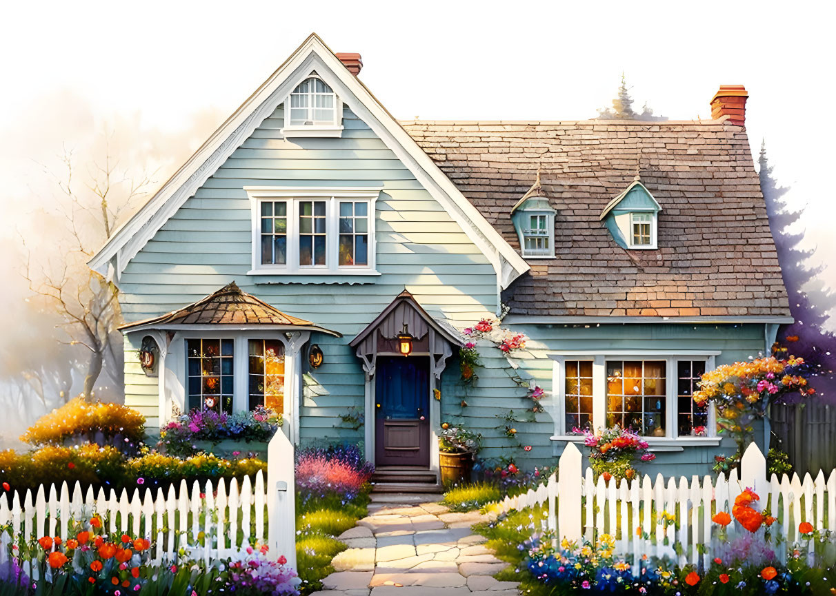 Blue Cottage with White Picket Fence and Vibrant Flowers in Soft Light