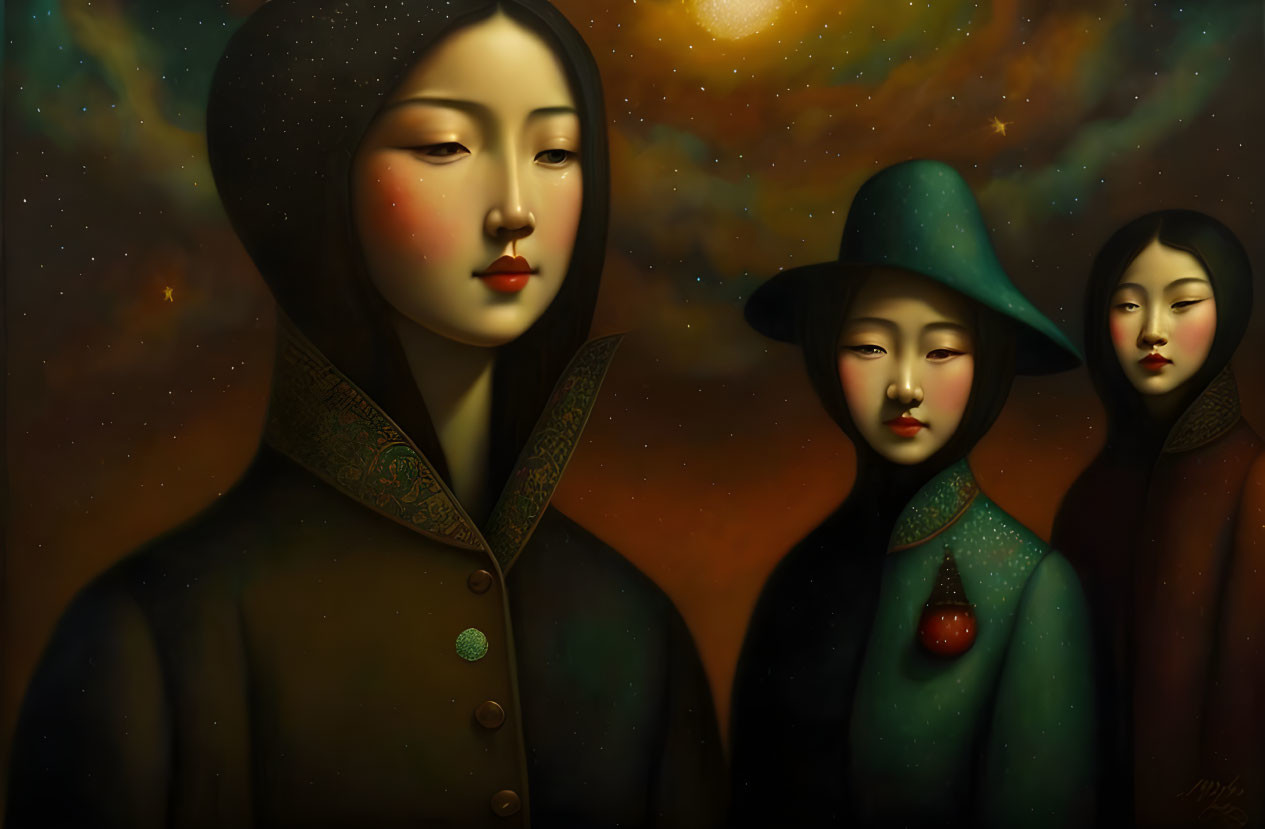 Three serene women in elegant coats against celestial backdrop