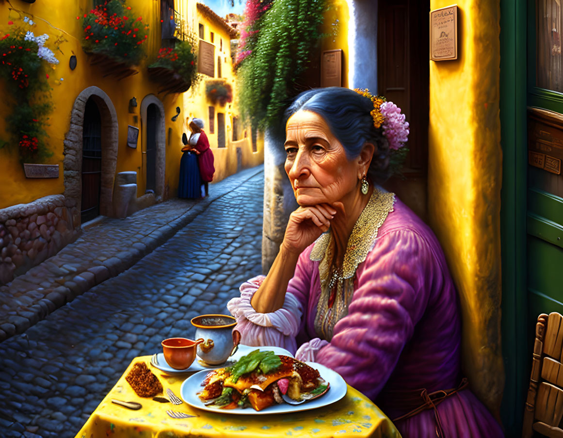 Elderly woman deep in thought at colorful street cafe