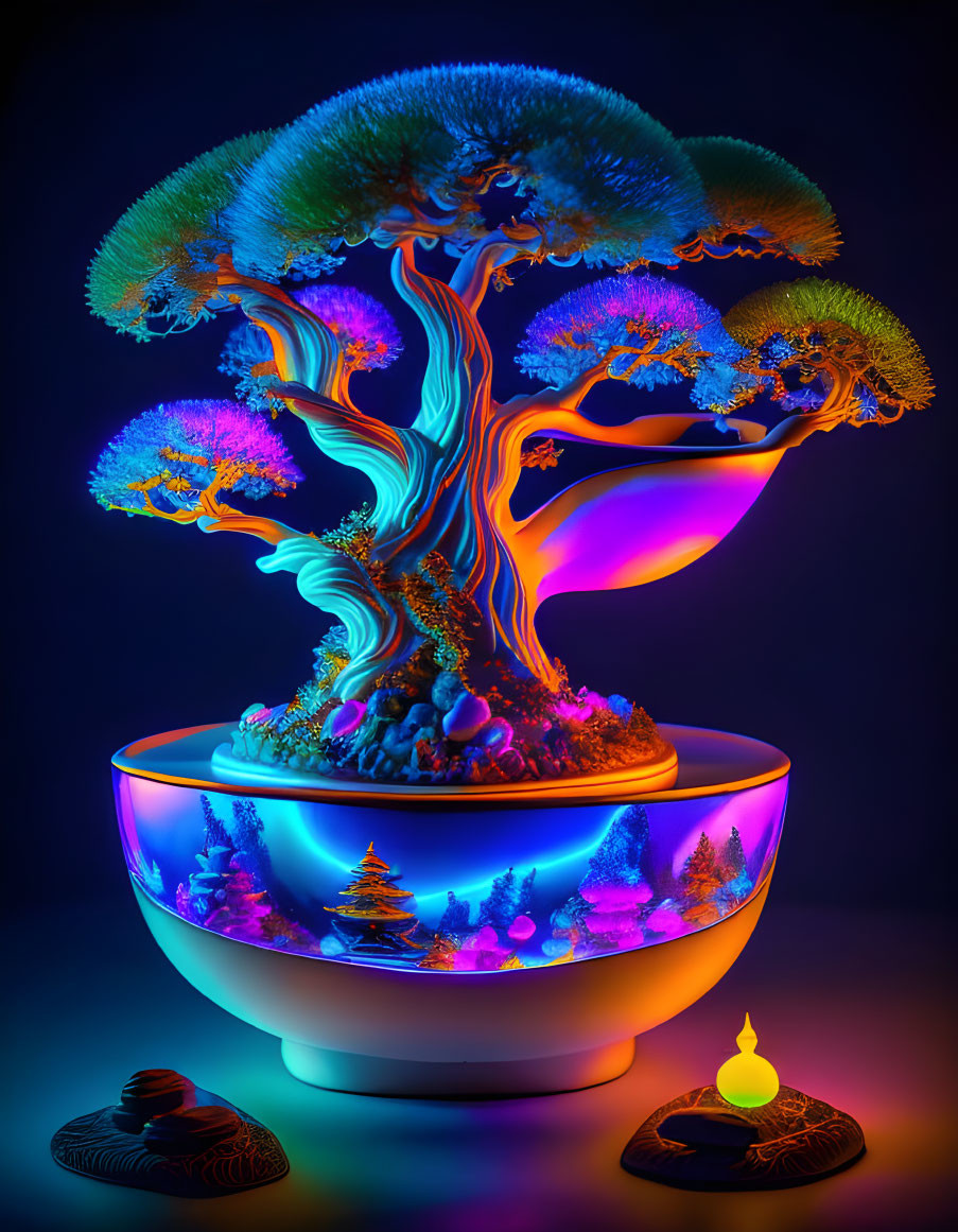 Colorful Neon-Lit Bonsai Tree Structure in Bowl with Miniature Trees and Flames