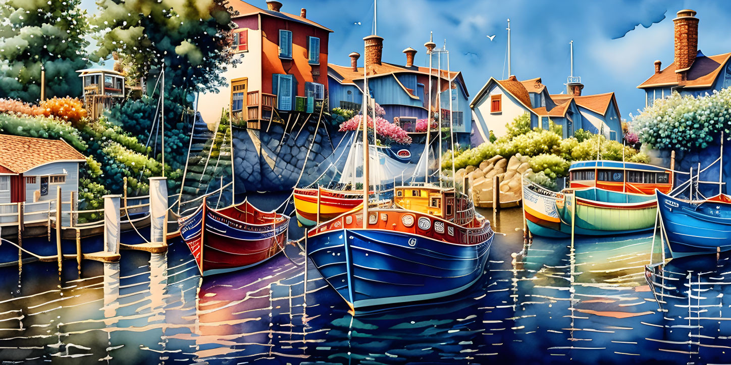 Colorful boats, quaint buildings, lighthouse in vibrant harbor scene