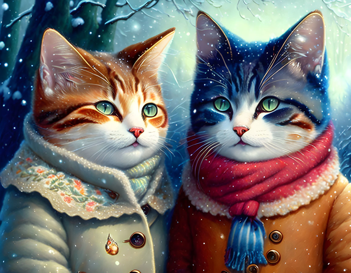 Illustrated cats in winter outfits with snowy background