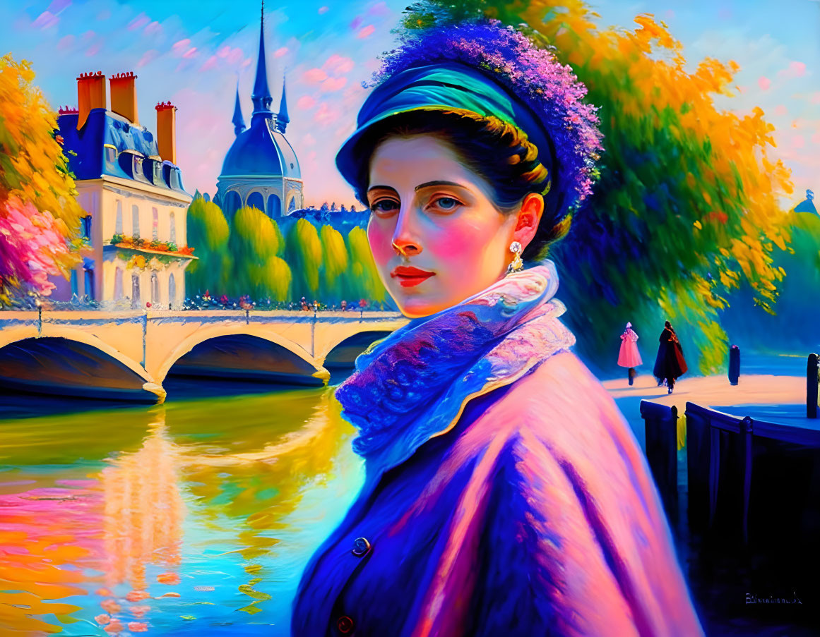 Colorful Parisian artwork: Woman in vintage attire with bridge and river under sunny sky