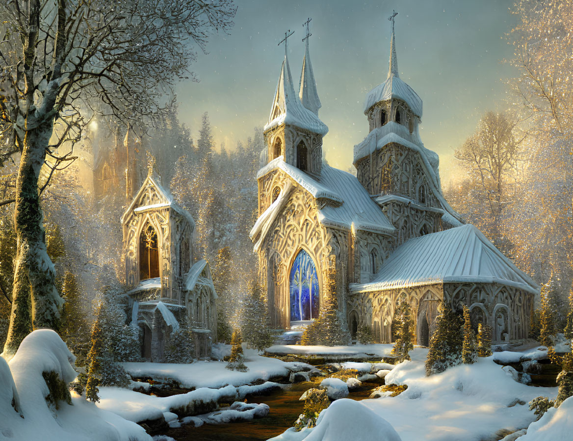 Snow-covered Gothic church in serene winter landscape.