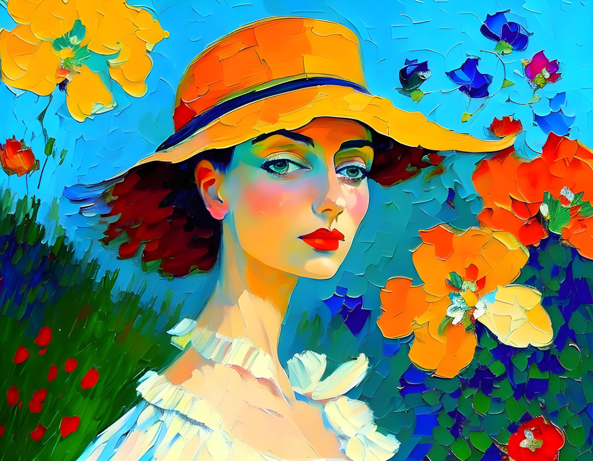 Colorful Impressionistic Painting of Woman with Hat and Flowers