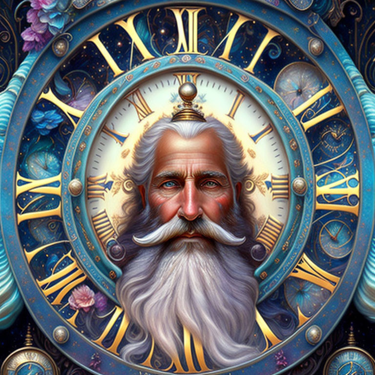 Detailed surreal digital art: Bearded man's face with clock, astronomical and floral motifs