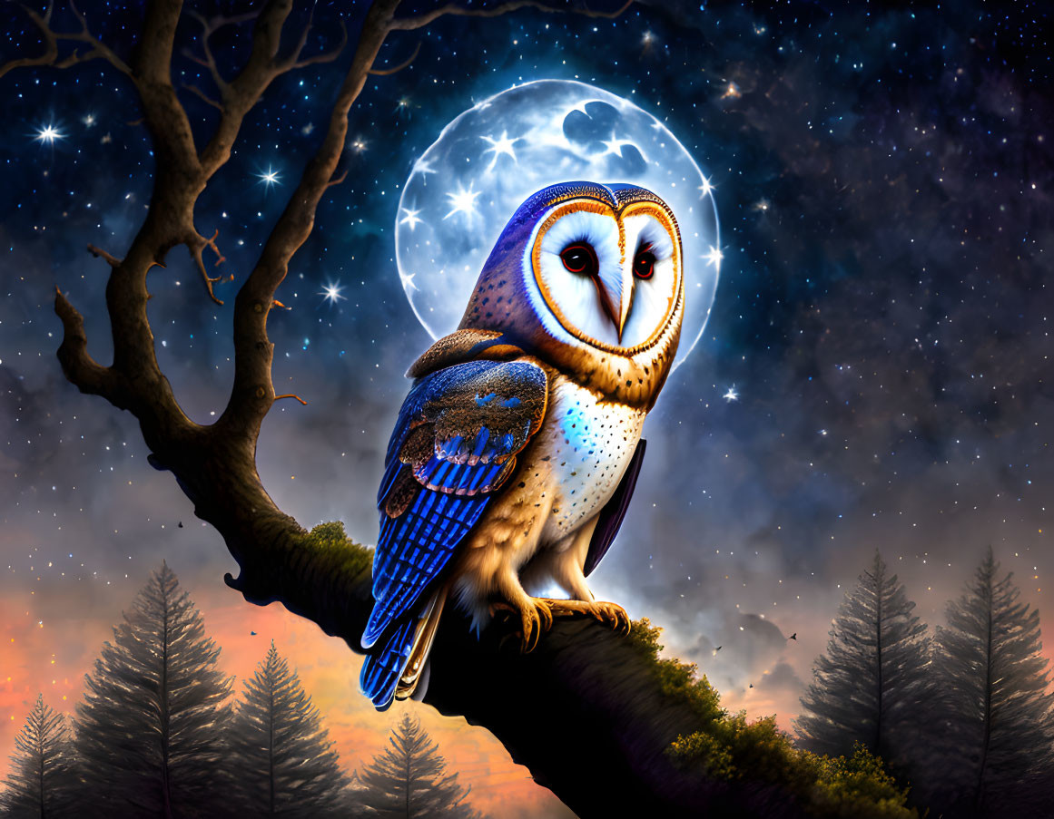 Colorful owl on branch under full moon and stars