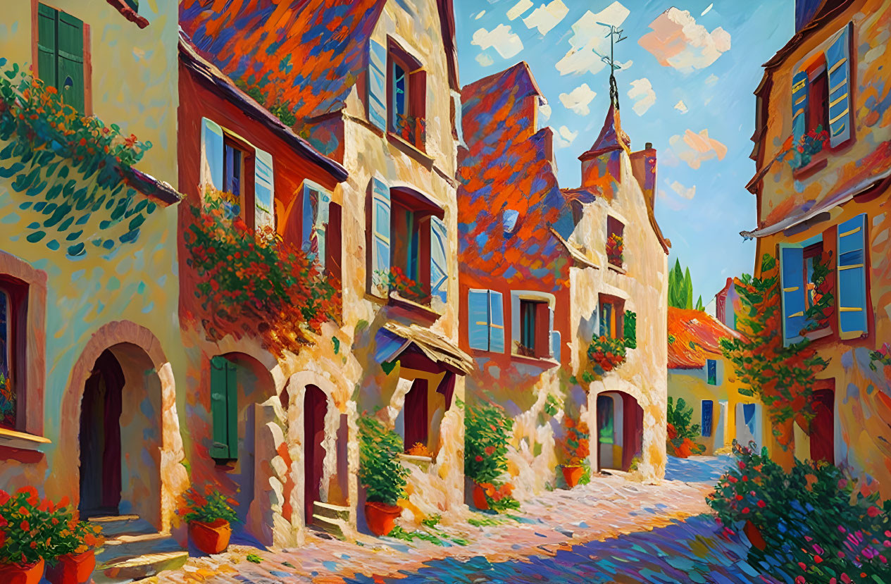 Vibrant village street painting with colorful houses and blue sky