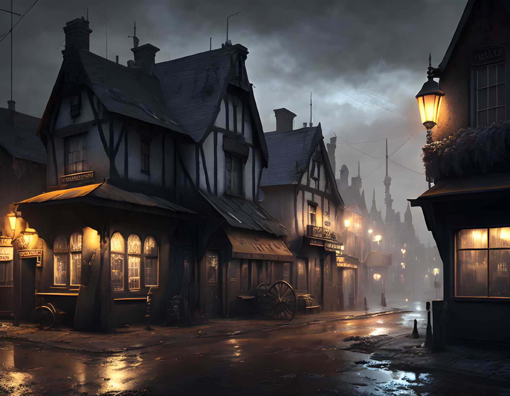 Dimly Lit Cobblestone Street with Tudor-Style Buildings at Dusk