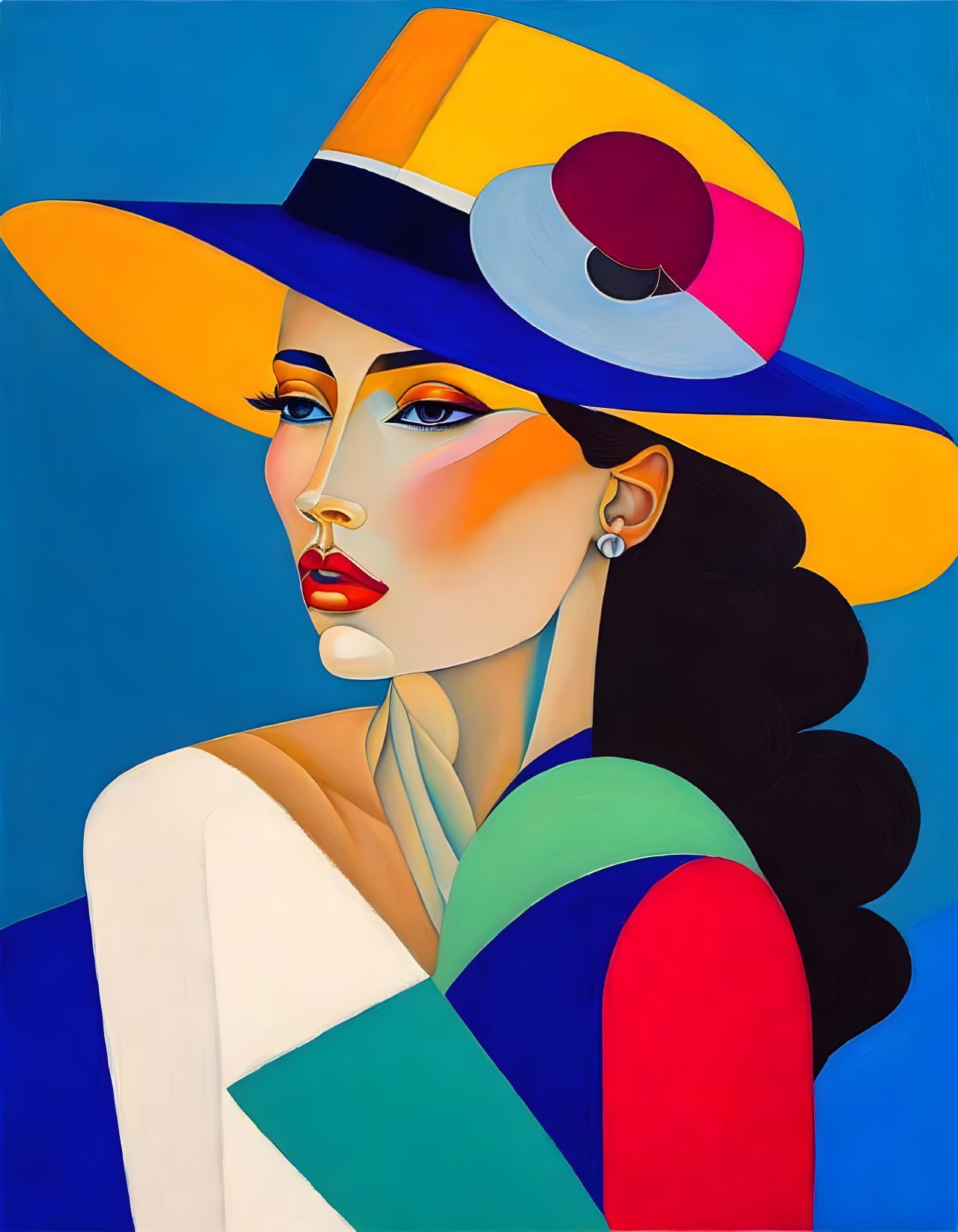 Colorful hat woman in abstract clothing on blue background