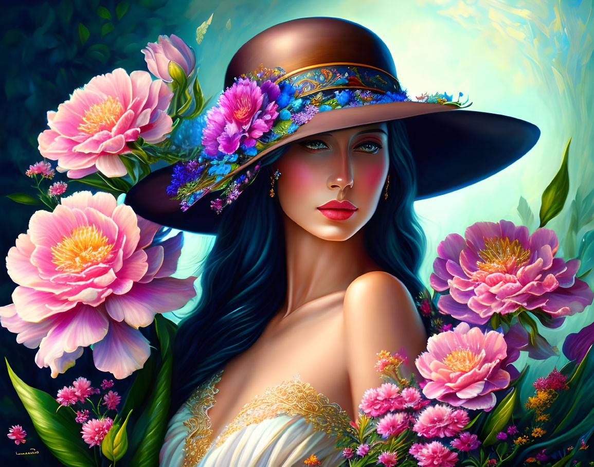 Illustration of woman with blue eyes, dark hair, wide-brimmed hat, and colorful flowers