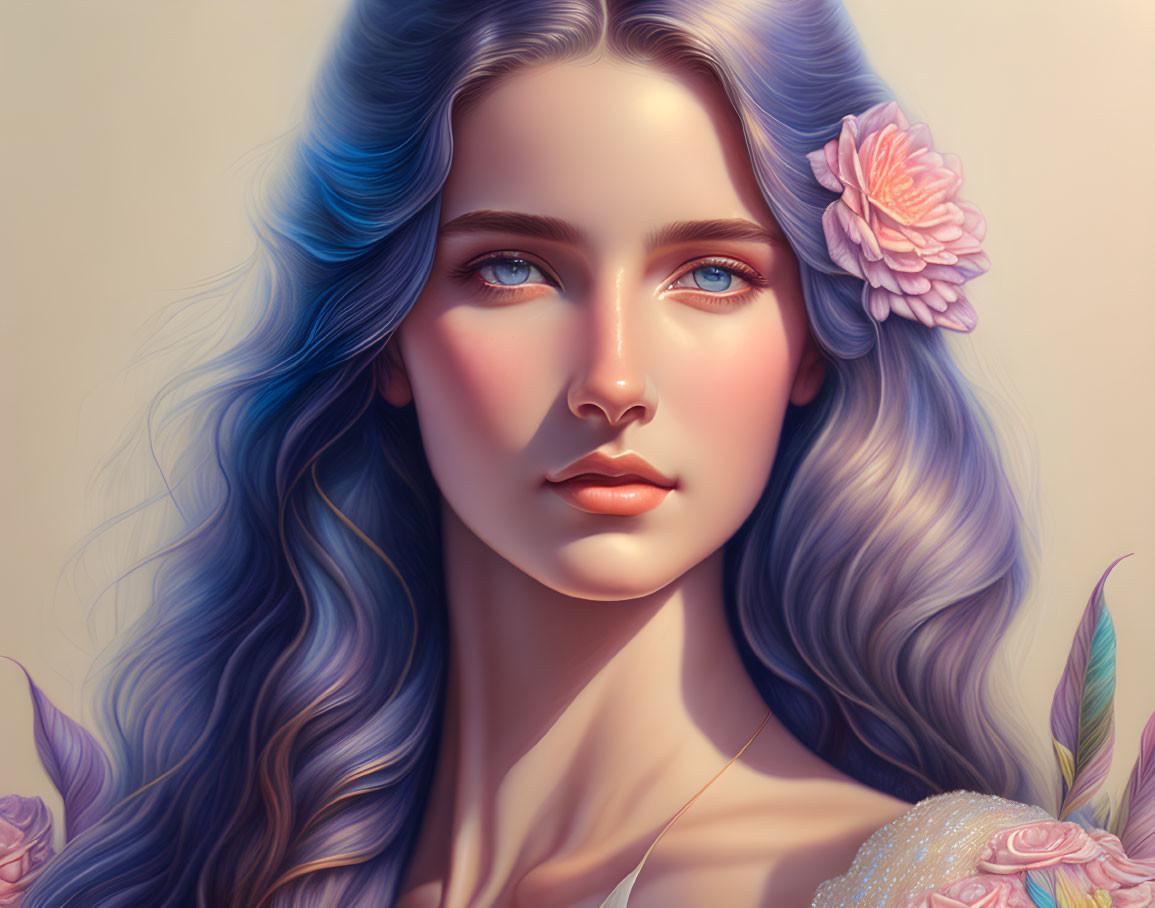 Digital art portrait of woman with blue wavy hair and pink flower, soft skin, blue eyes