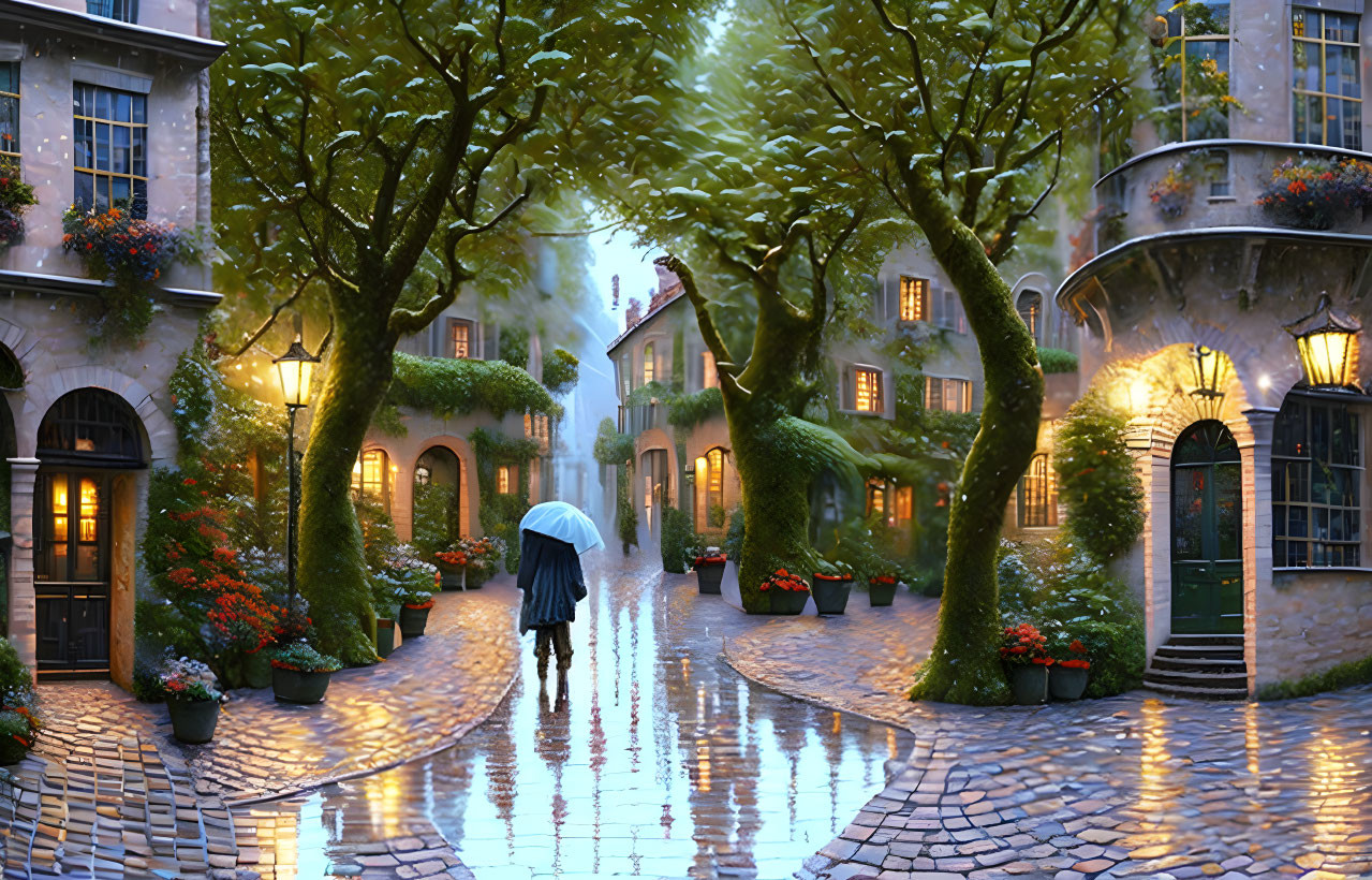 Person with umbrella on wet cobblestone street lined with trees and flowerpots at dusk