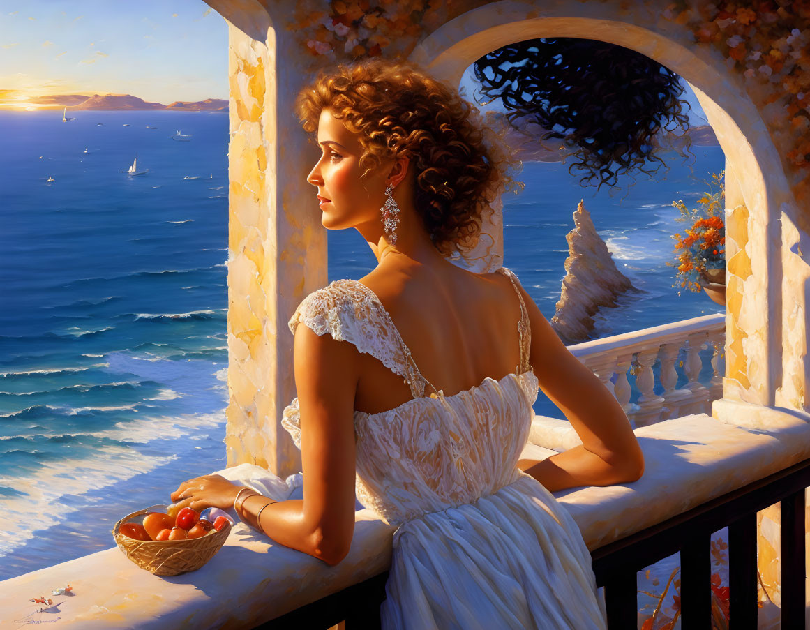 Woman in White Dress on Balcony Overlooking Sea at Sunset