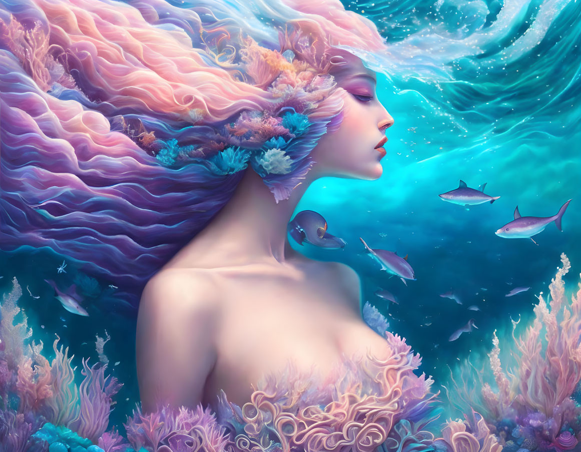 Surreal artwork featuring woman with flowing ocean wave hair and marine surroundings