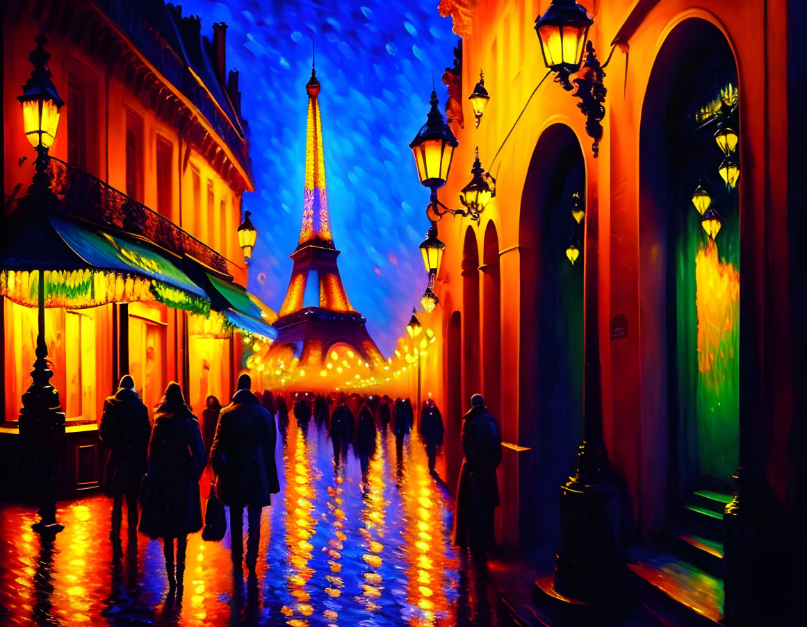 Vibrant street scene: Paris at night with Eiffel Tower and colorful reflections.