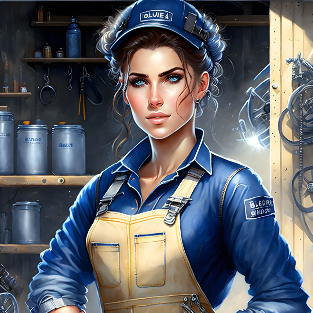 Stylized digital artwork of confident woman in blue mechanic's uniform