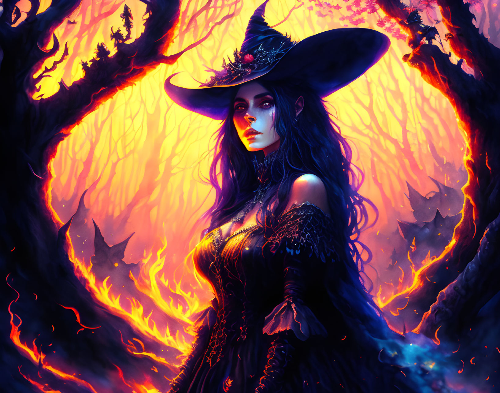 Dark-haired witch in mystical attire surrounded by fiery backdrop and ominous trees