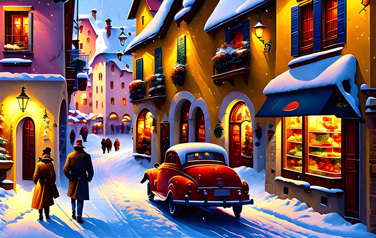 Snowy Evening Scene: Vibrant Town with Warmly Lit Houses, Pedestrians, and Classic