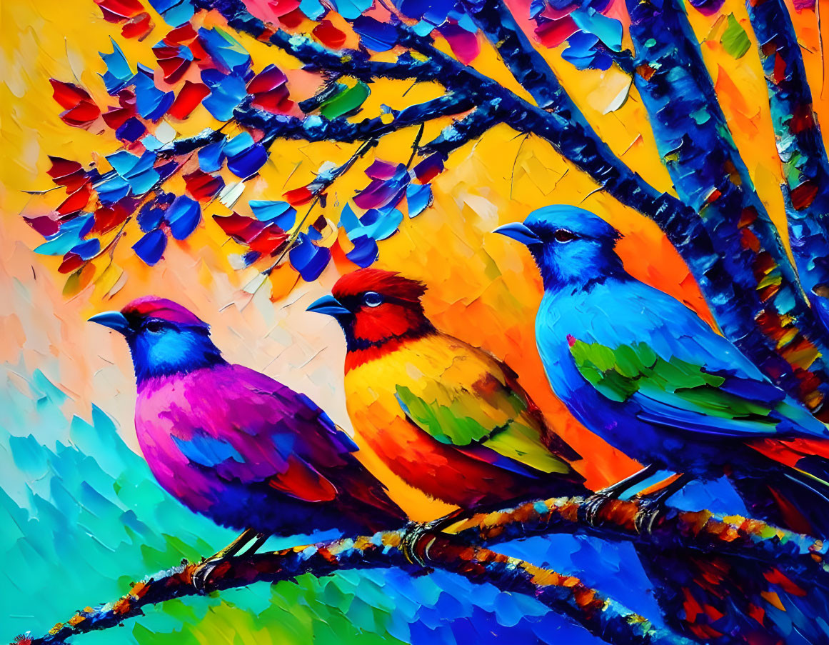 Colorful Birds Perched on Branch with Vibrant Background