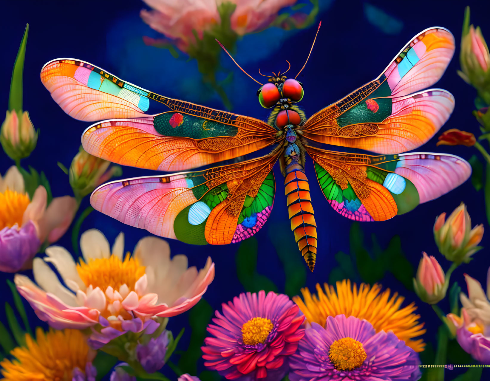 Dragonfly And Flowers