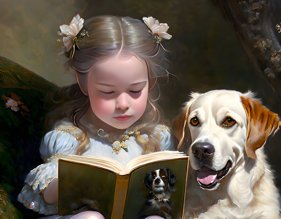 Girl with flowers reading book with two dogs in serene setting