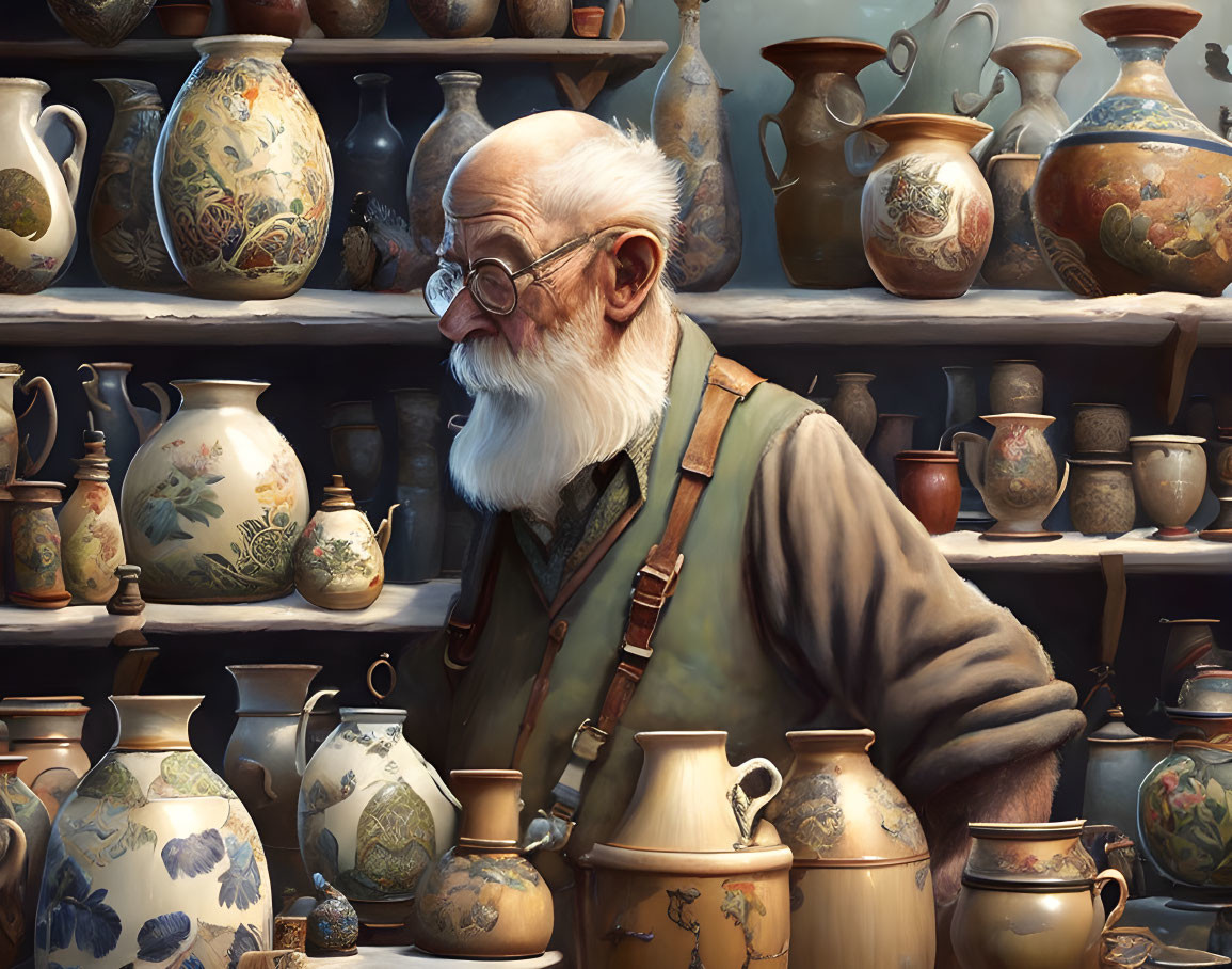 Elderly man with white beard amid ceramic pots and vases