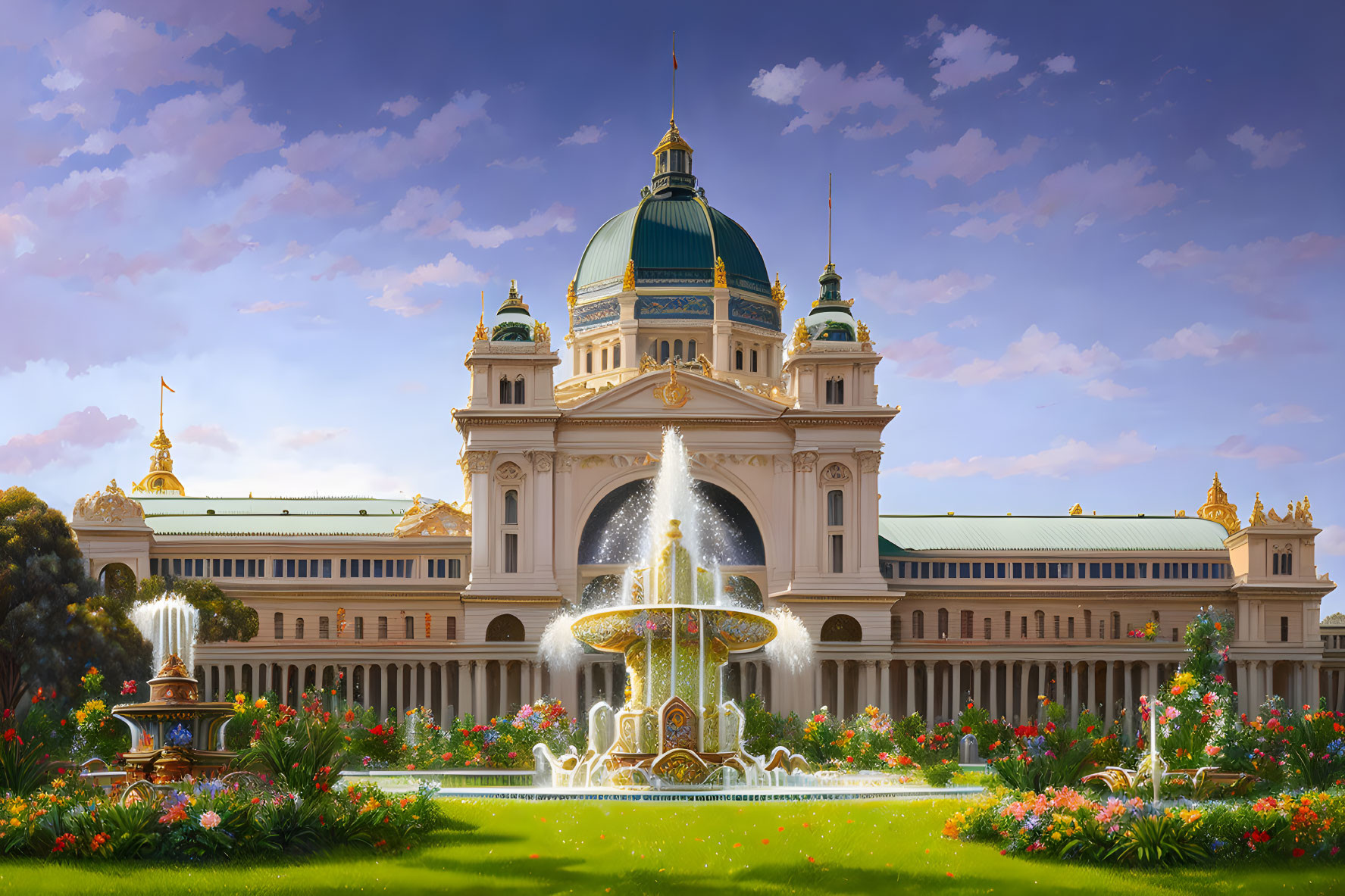 Palace with Green Domes, Fountain, Gardens, Blue Sky