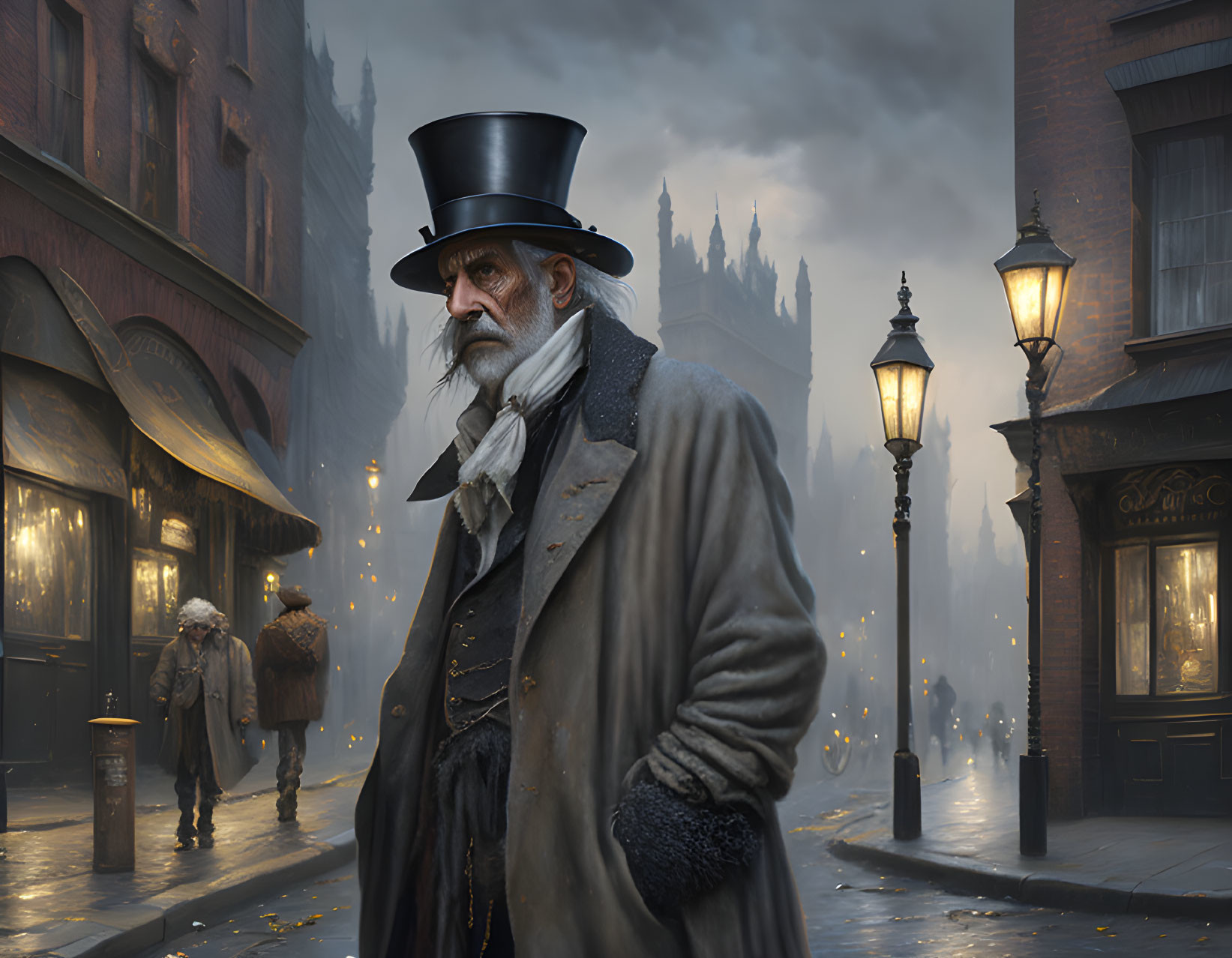 Elderly man in top hat on foggy Victorian street