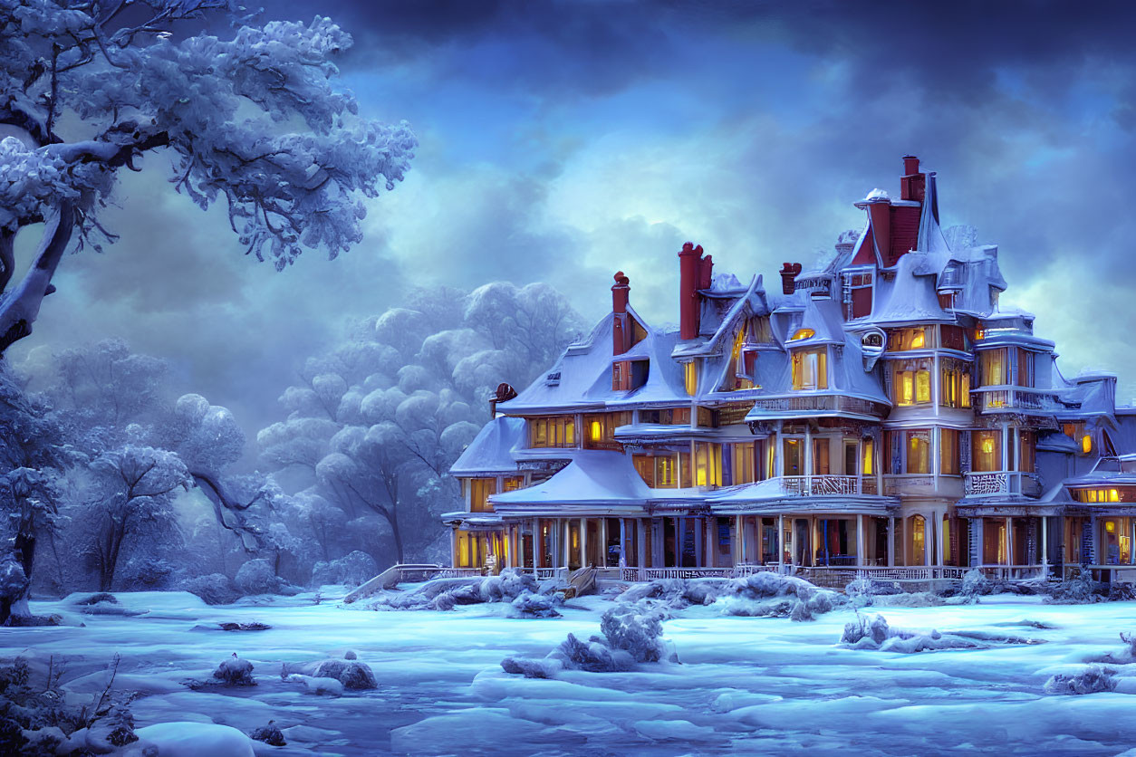 Victorian-style house in snowy twilight with frost-covered trees