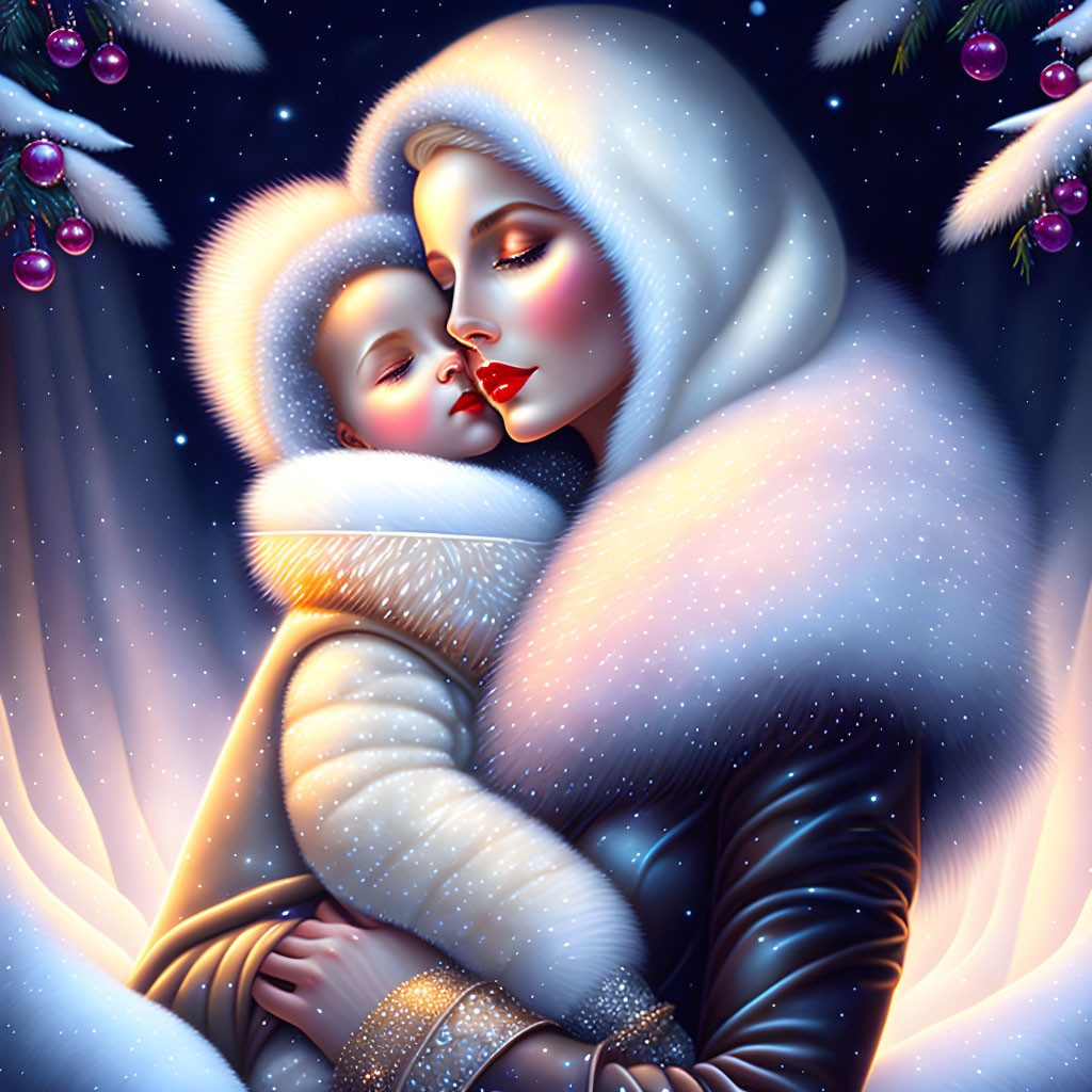 Illustration of woman with child in wintry scene