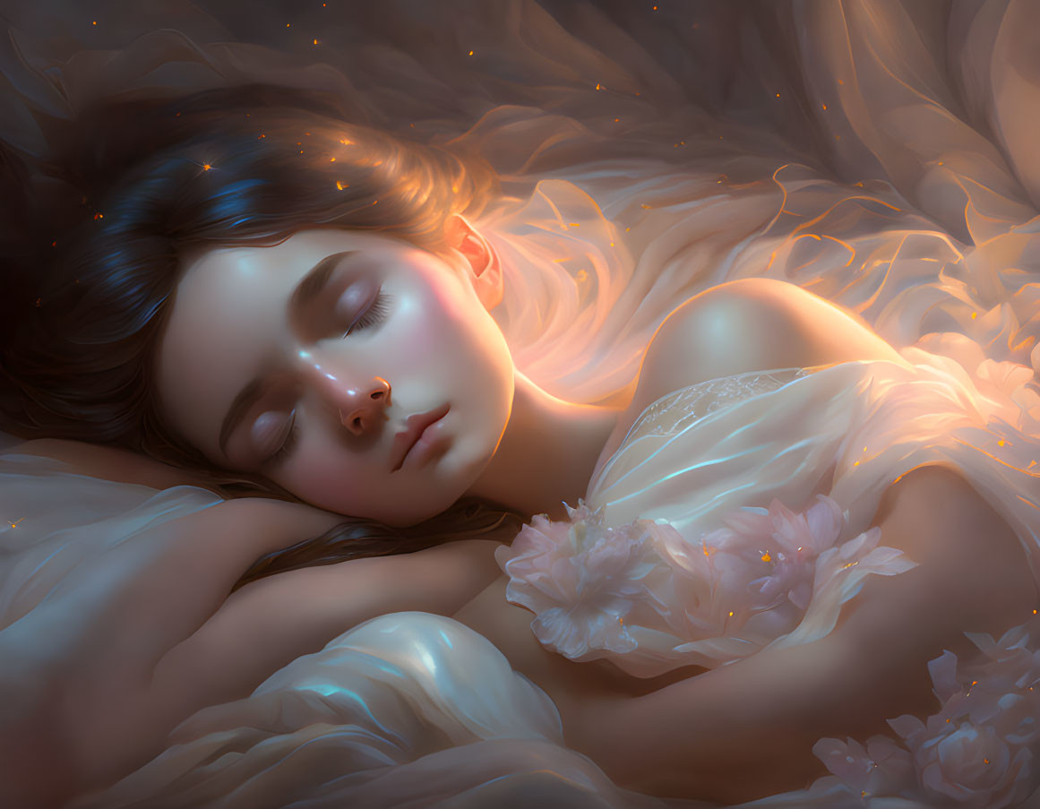 Tranquil illustration: young woman sleeping in soft fabric folds with delicate flowers.