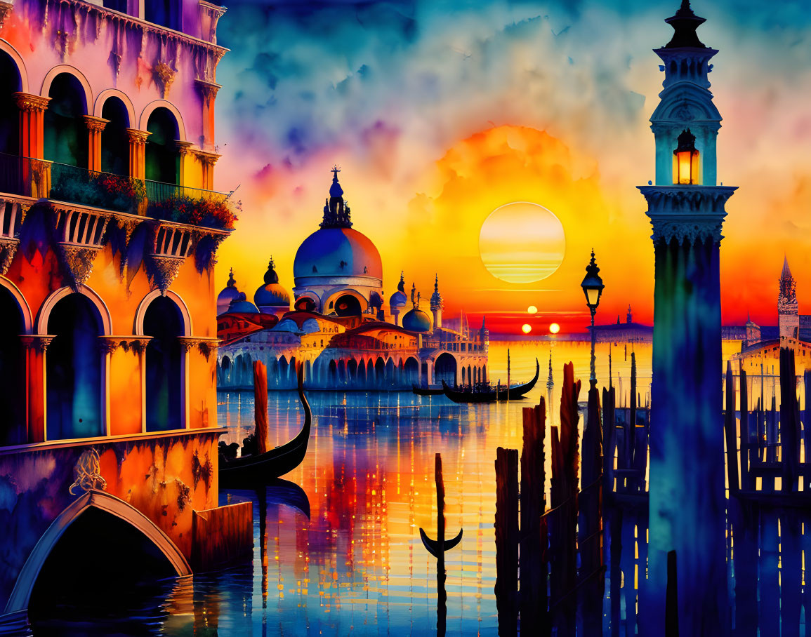 Vibrant Venice scene with gondolas, ornate buildings, and sunset