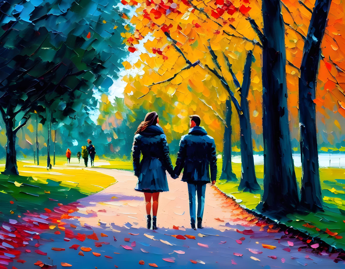 Autumnal park path with couple walking hand in hand among colorful trees