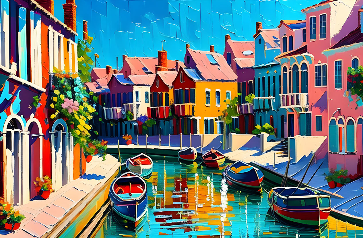 Vibrant Venice-like canal with colorful houses and boats under blue sky